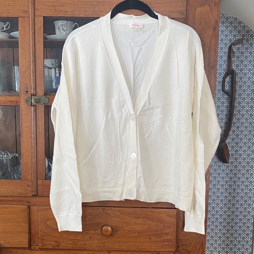 Cotton-blend long sleeve cardigan in ecru